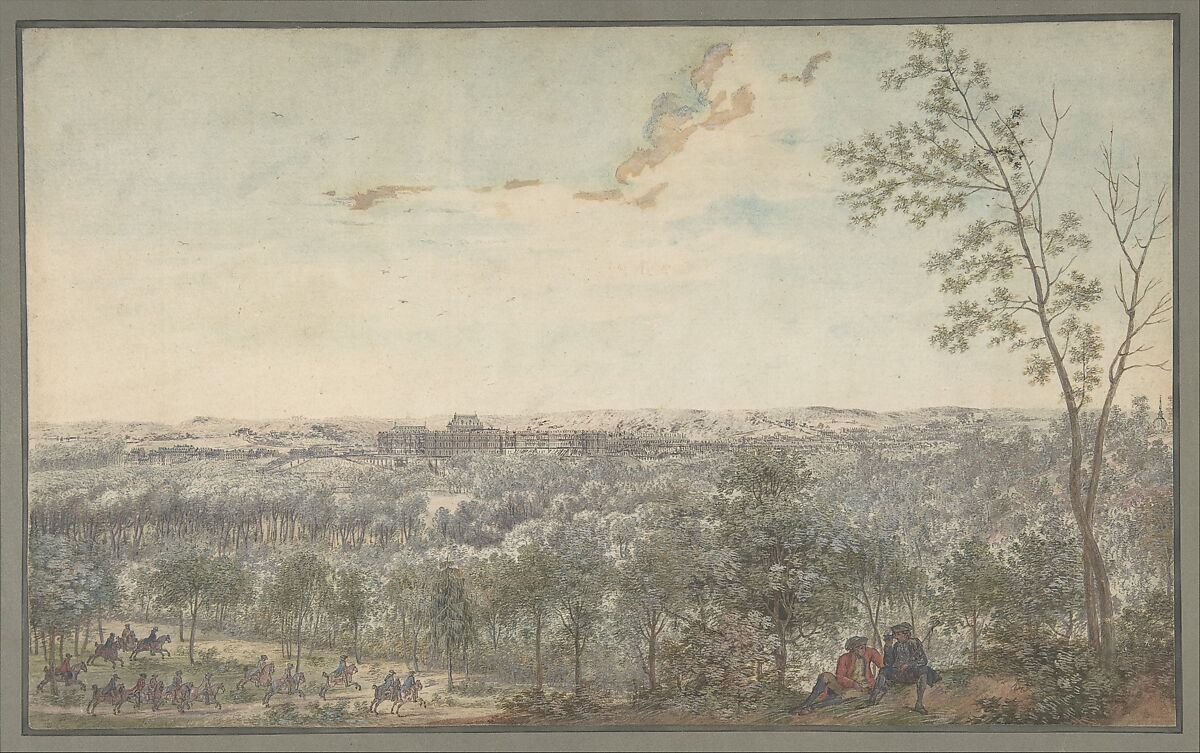 Versailles Seen from the Southwest, Louis Nicolas de Lespinasse, called the Chevalier de Lespinasse (French, Pouilly-sur-Loire 1734–1808 Paris), Pen and black ink, watercolor, heightened with white, over traces of graphite 