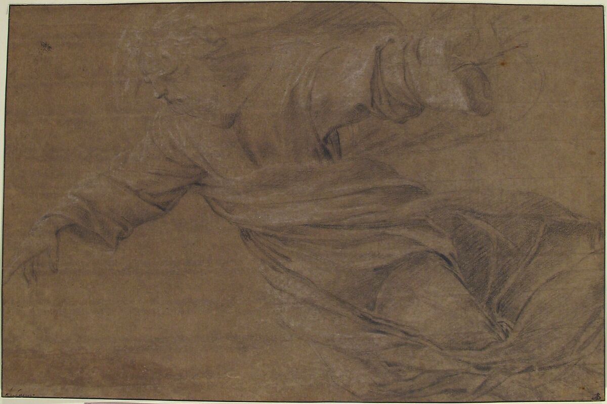 God the Father, Eustache Le Sueur (French, Paris 1616–1655 Paris), Black and white chalk on brown paper. Framing lines in pen and brown ink.
