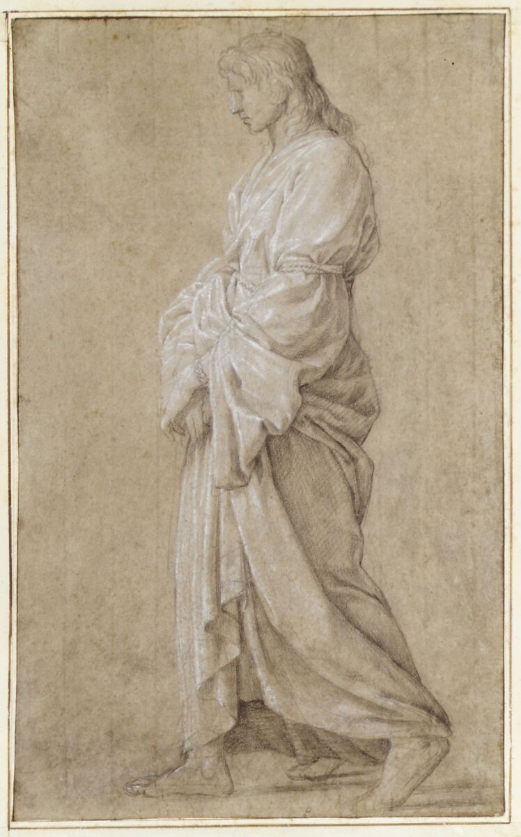 Study for Saint Gervasius, Eustache Le Sueur (French, Paris 1616–1655 Paris), Black chalk heightened with white chalk, on gray-beige paper; framing lines in pen and brown ink