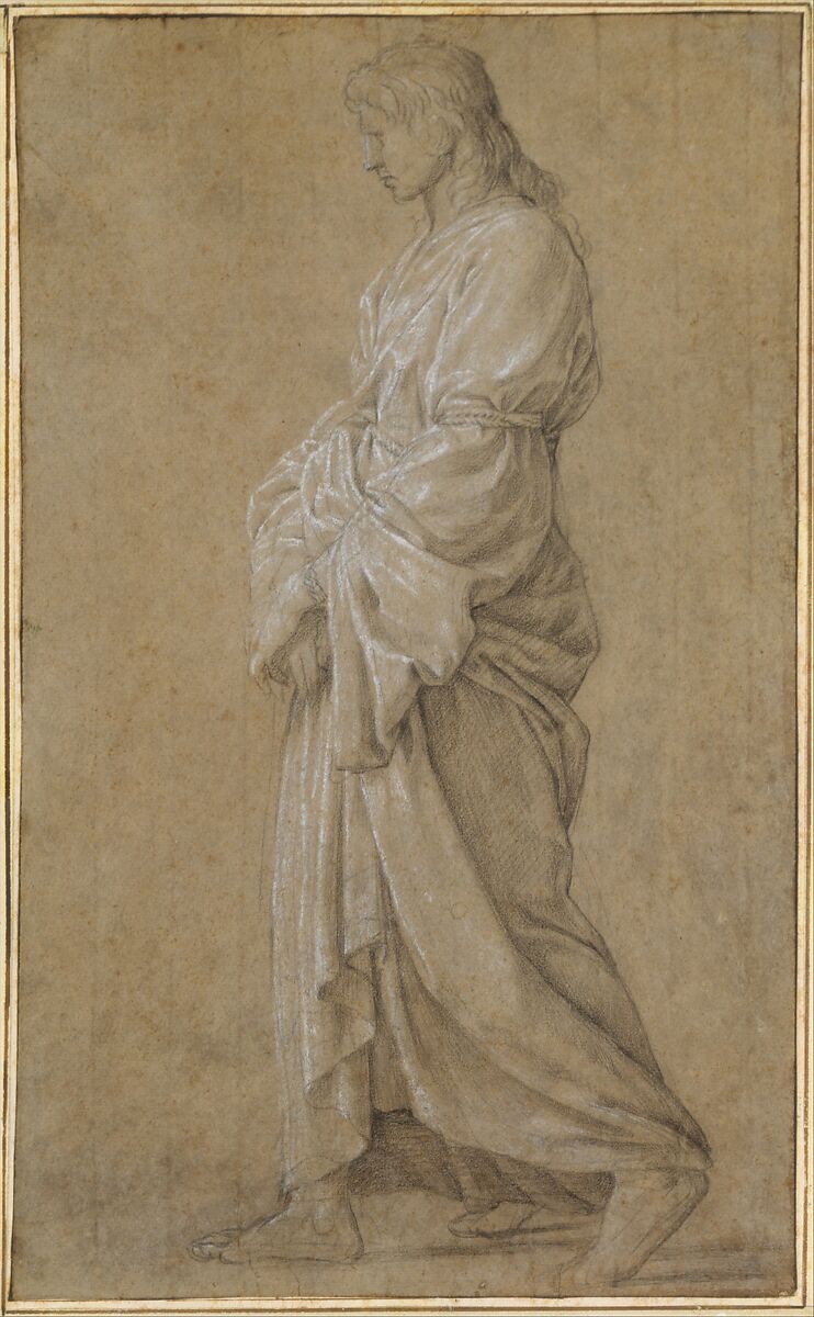 Study for Saint Gervasius, Eustache Le Sueur (French, Paris 1616–1655 Paris), Black chalk heightened with white chalk, on gray-beige paper; framing lines in pen and brown ink