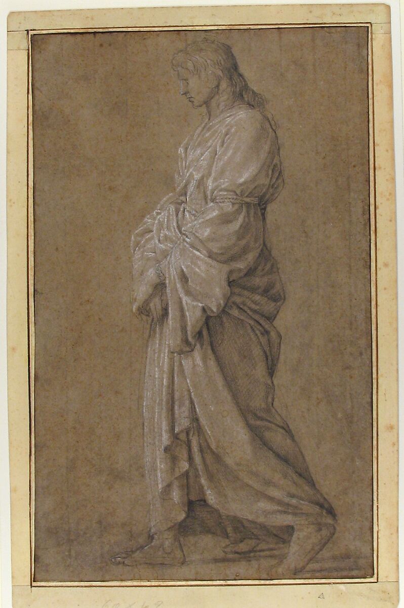 Study for Saint Gervasius, Eustache Le Sueur (French, Paris 1616–1655 Paris), Black chalk heightened with white chalk, on gray-beige paper; framing lines in pen and brown ink