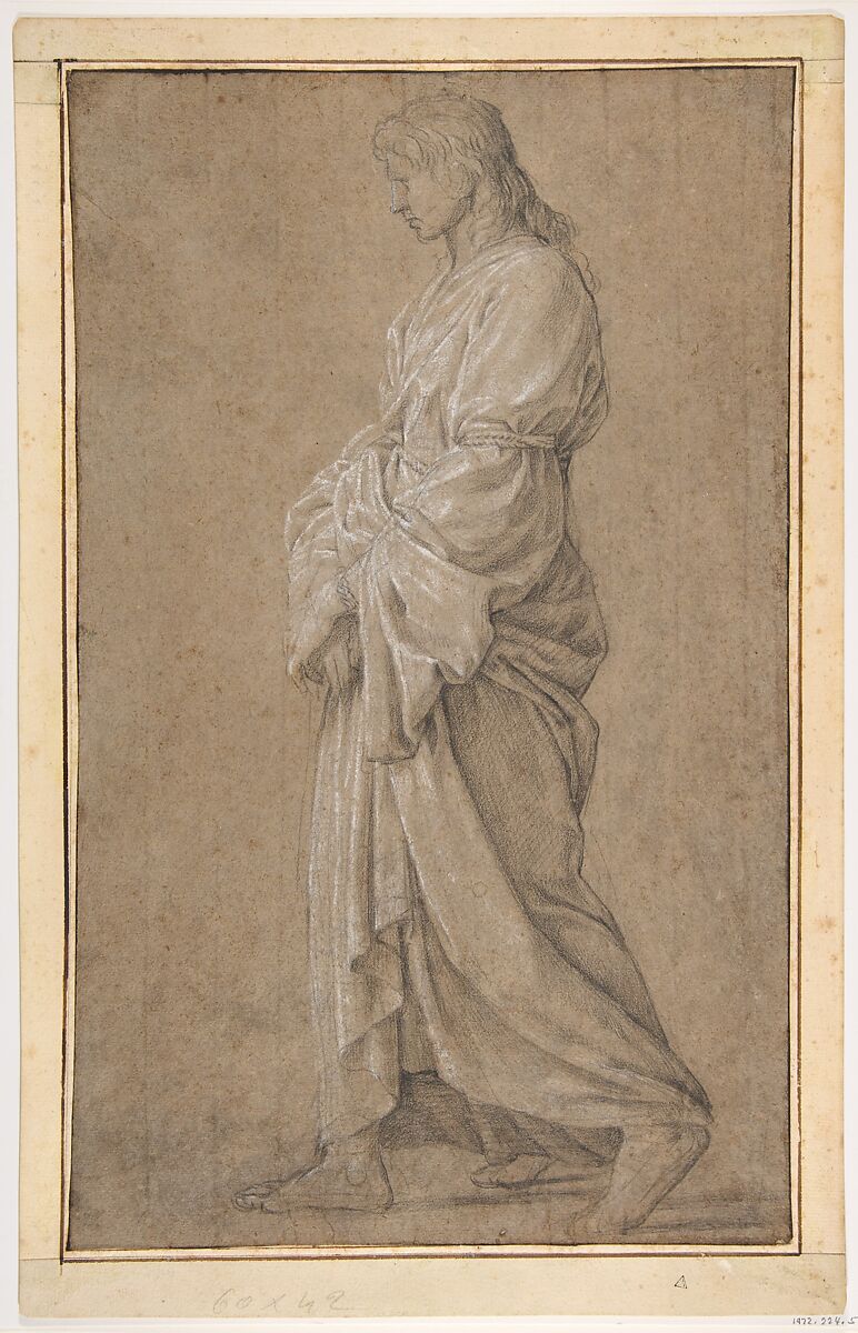 Study for Saint Gervasius, Eustache Le Sueur (French, Paris 1616–1655 Paris), Black chalk heightened with white chalk, on gray-beige paper; framing lines in pen and brown ink 