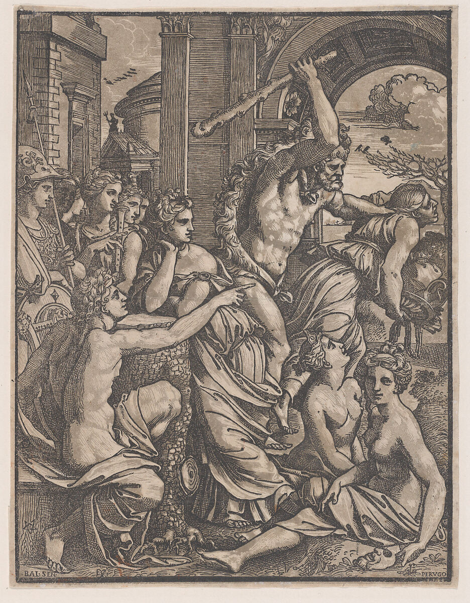 Hercules chasing Avarice from the Temple of the Muses, Ugo da Carpi (Italian, Carpi ca. 1480–1532 Bologna), Chiaroscuro woodcut from two blocks in green 