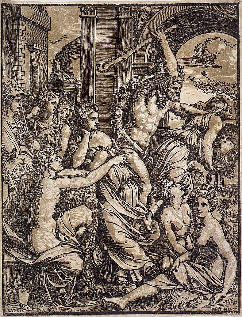 Hercules chasing Avarice from the Temple of the Muses, Ugo da Carpi (Italian, Carpi ca. 1480–1532 Bologna), Chiaroscuro woodcut from two blocks in green