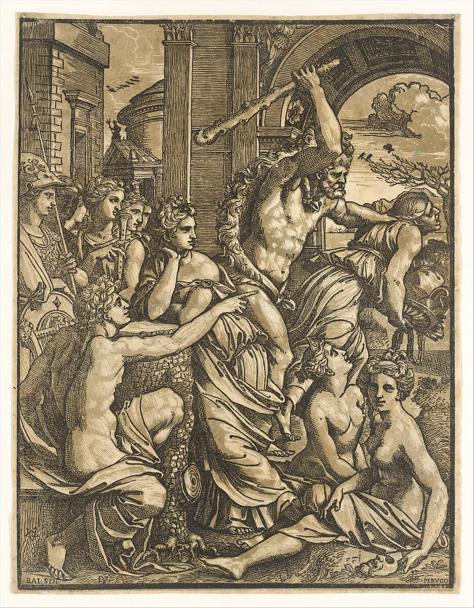 Hercules chasing Avarice from the Temple of the Muses, Ugo da Carpi (Italian, Carpi ca. 1480–1532 Bologna), Chiaroscuro woodcut from two blocks in green