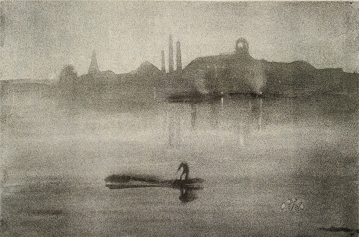 Nocturne (Nocturne: The Thames at Battersea), James McNeill Whistler (American, Lowell, Massachusetts 1834–1903 London), Lithotint with scraping on a prepared half-tint ground, printed in soft gray-black ink on pale blue laid chine mounted on ivory wove plate paper; second state of two (Chicago)