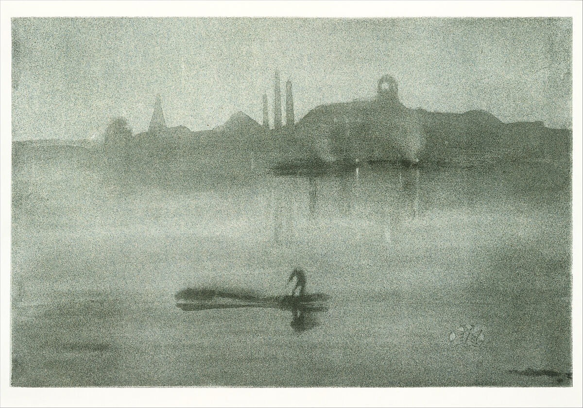 Nocturne (Nocturne: The Thames at Battersea), James McNeill Whistler (American, Lowell, Massachusetts 1834–1903 London), Lithotint with scraping on a prepared half-tint ground, printed in soft gray-black ink on pale blue laid chine mounted on ivory wove plate paper; second state of two (Chicago)