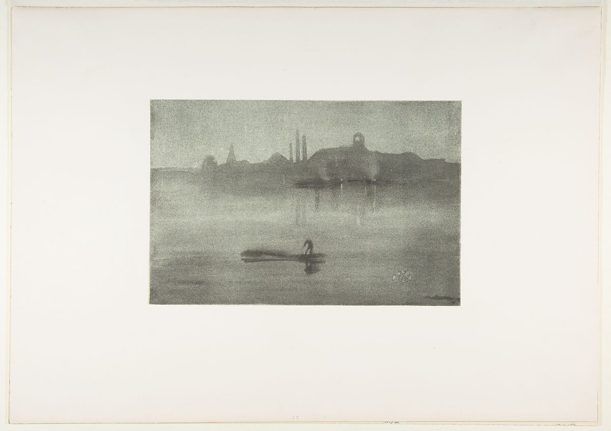 Nocturne (Nocturne: The Thames at Battersea), James McNeill Whistler (American, Lowell, Massachusetts 1834–1903 London), Lithotint with scraping on a prepared half-tint ground, printed in soft gray-black ink on pale blue laid chine mounted on ivory wove plate paper; second state of two (Chicago)