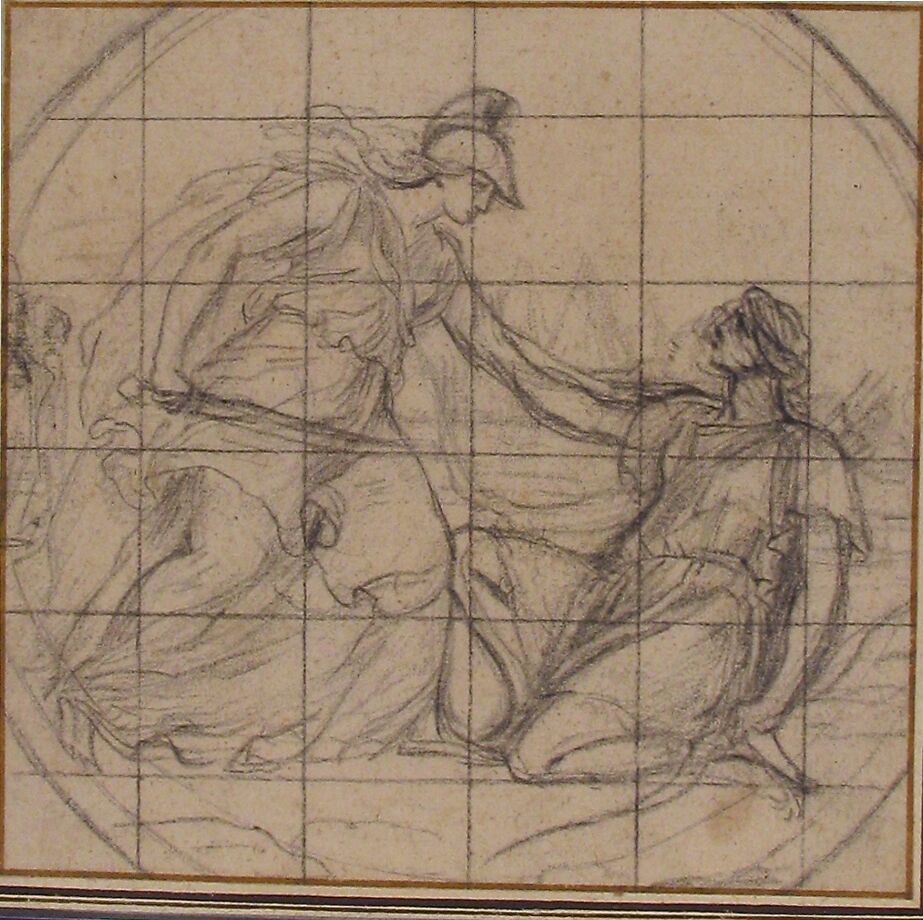 Design for a Medallion: Huntress Kneeling before an Armed Goddess, Eustache Le Sueur (French, Paris 1616–1655 Paris), Black chalk; squared in black chalk; framing lines in pen and brown ink