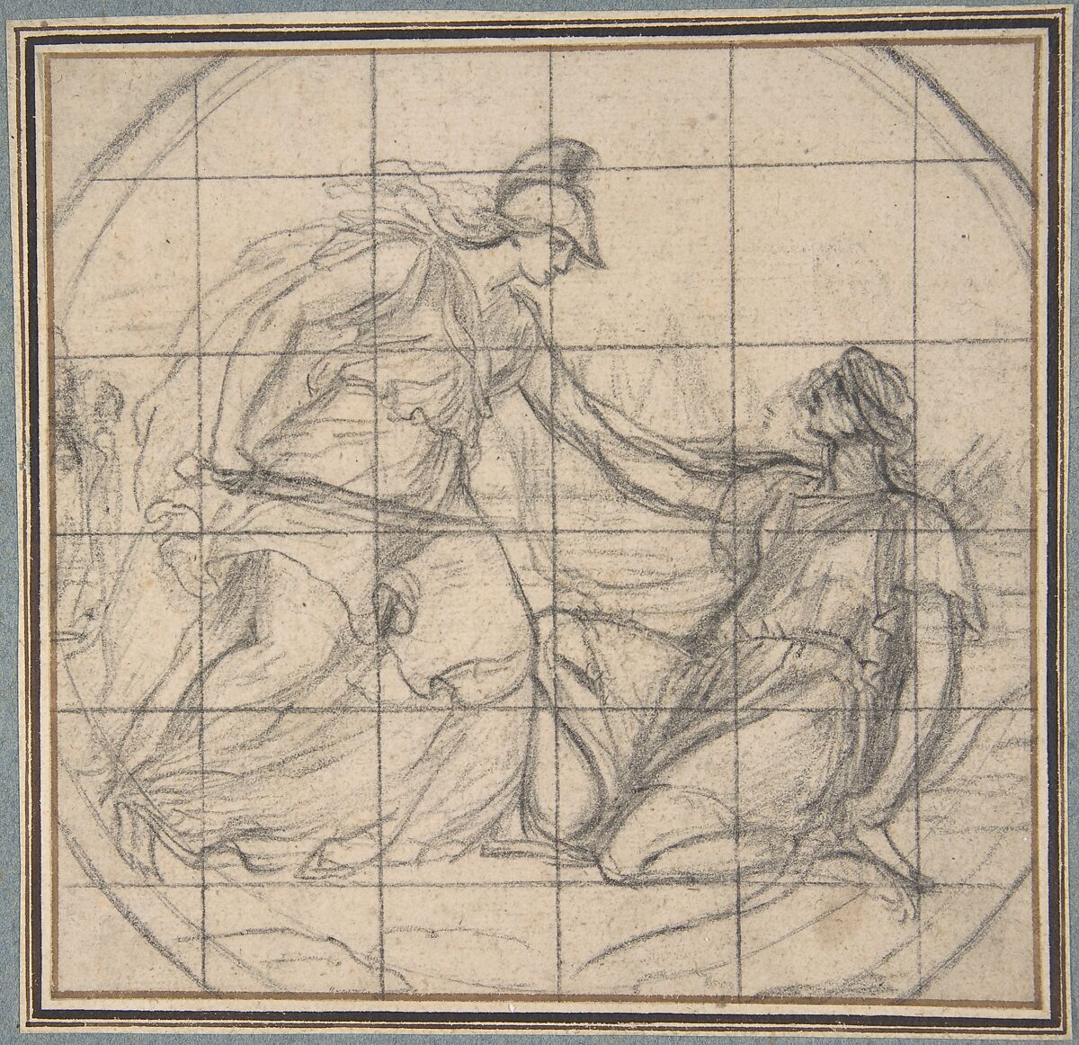 Design for a Medallion: Huntress Kneeling before an Armed Goddess, Eustache Le Sueur (French, Paris 1616–1655 Paris), Black chalk, squared in black chalk; framing lines in brown ink 