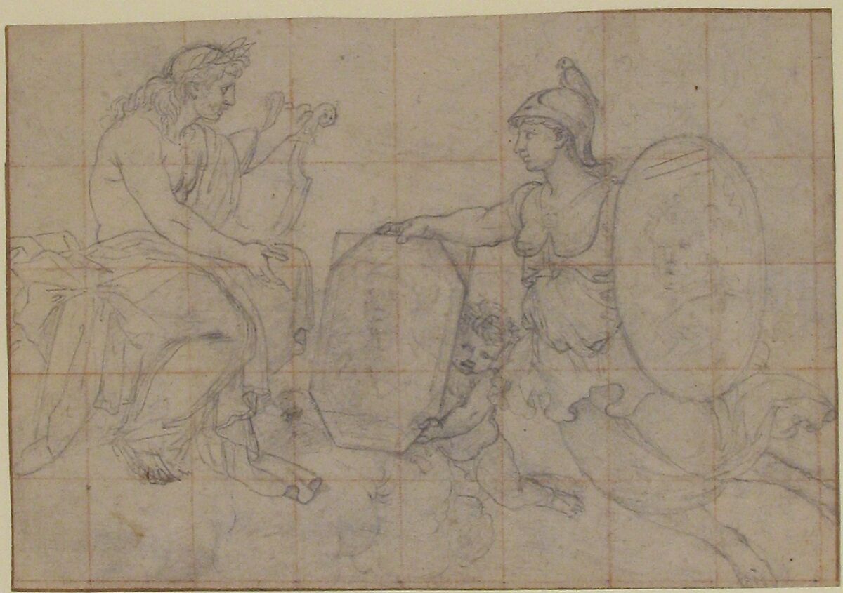 Minerva Presenting Two Portraits to Apollo, Eustache Le Sueur (French, Paris 1616–1655 Paris), Black chalk, squared in red chalk. Contours incised for transfer; framing lines in pen and brown ink