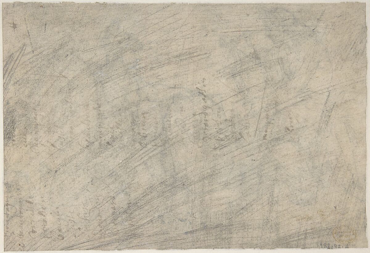 Minerva Presenting Two Portraits to Apollo, Eustache Le Sueur (French, Paris 1616–1655 Paris), Black chalk, squared in red chalk. Contours incised for transfer; framing lines in pen and brown ink