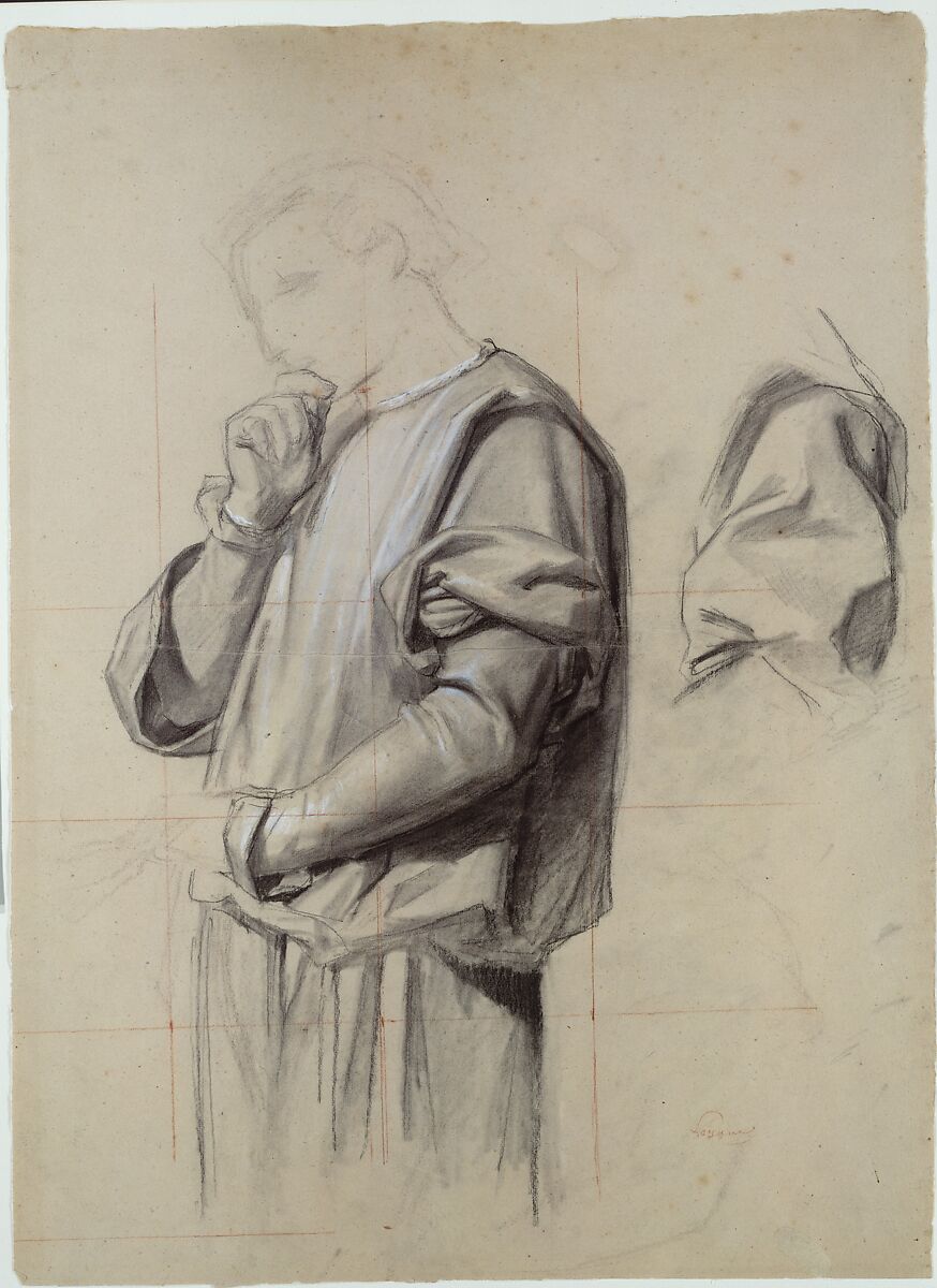 Standing Man, Eugène Leygue (French, Toulouse 1813–1877 Paris), Black chalk, stumped; heightened with white chalk; squared in red chalk; on beige paper 