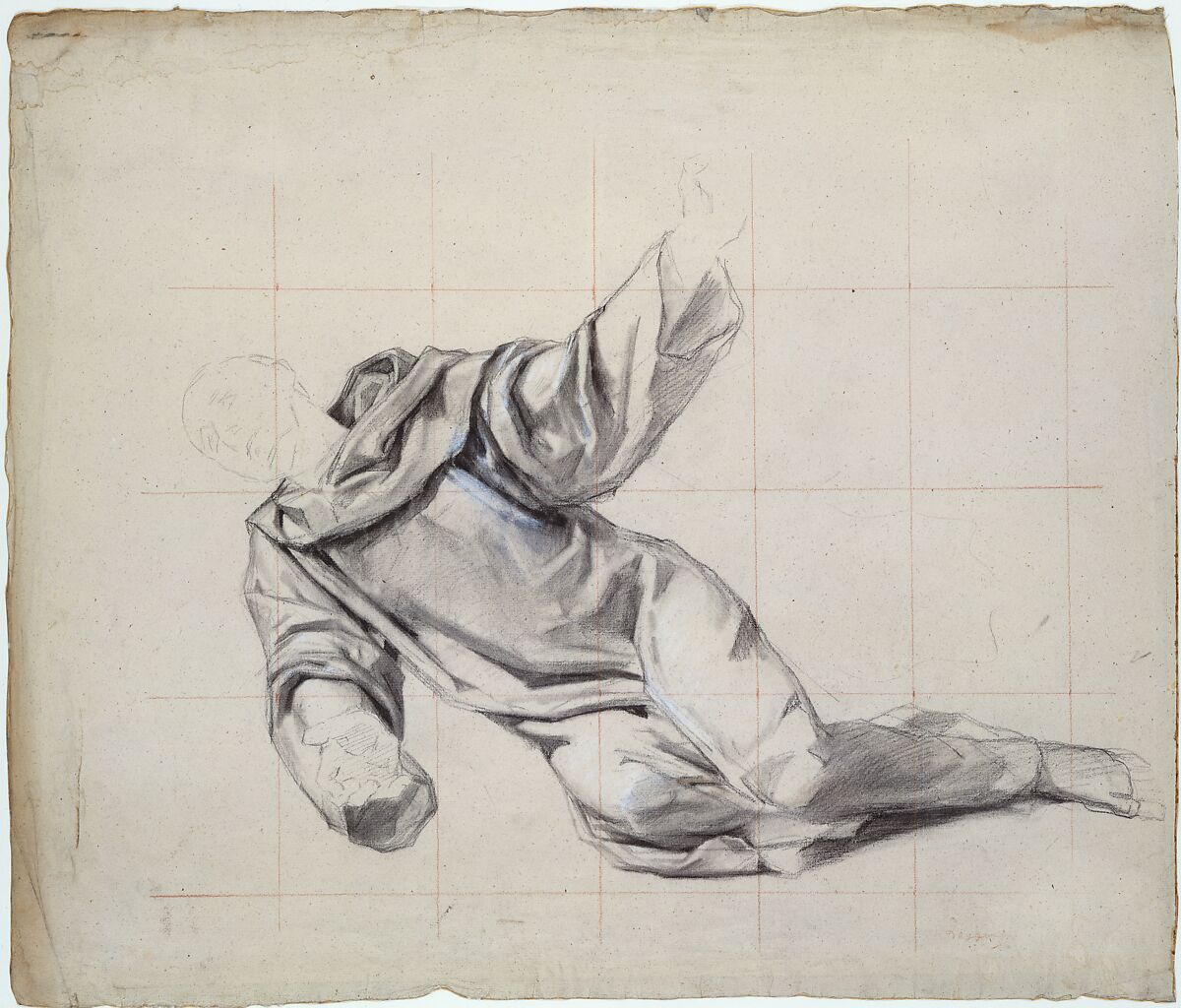 Falling Man, Eugène Leygue (French, Toulouse 1813–1877 Paris), Black chalk, stumped, heightened with white chalk on beige paper; squared in red chalk 