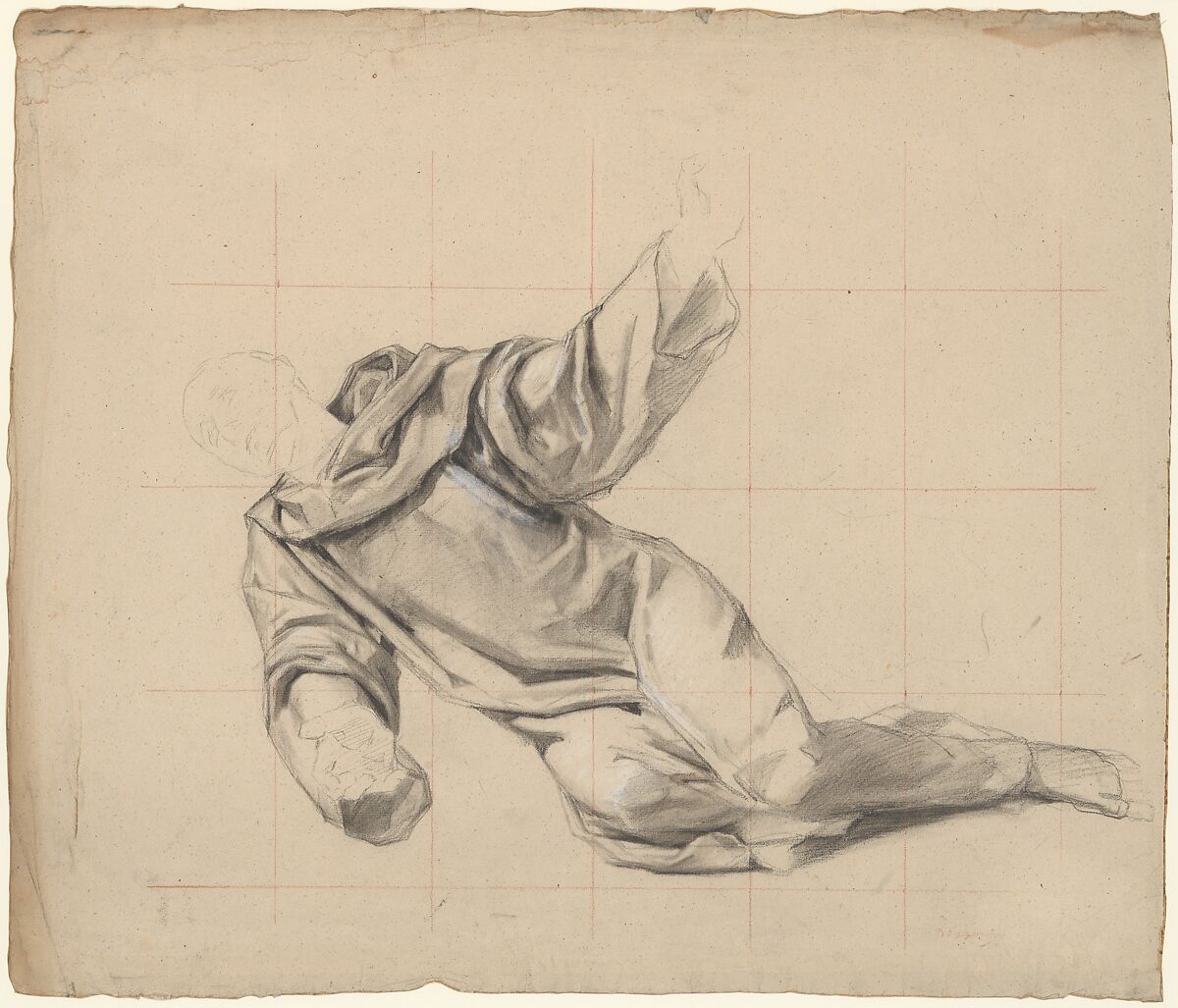 Falling Man, Eugène Leygue (French, Toulouse 1813–1877 Paris), Black chalk, stumped, heightened with white chalk on beige paper; squared in red chalk