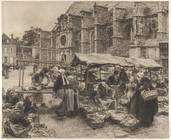 Market Day at Villenauxe-la-Grande (Aube), Léon-Augustin Lhermitte (French, Mont Saint-Père 1844–1925 Paris), Black chalk 