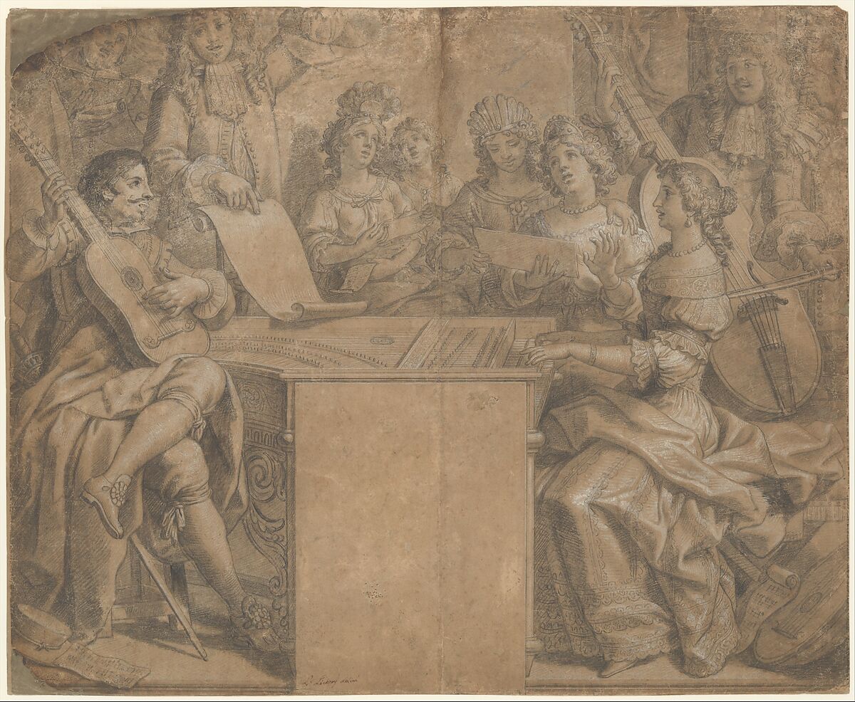 A Concert, Louis Licherie de Beurie (French, Houdan 1629–1687 Paris), Black chalk, heightened with white, on brown paper. Contours incised for transfer. 