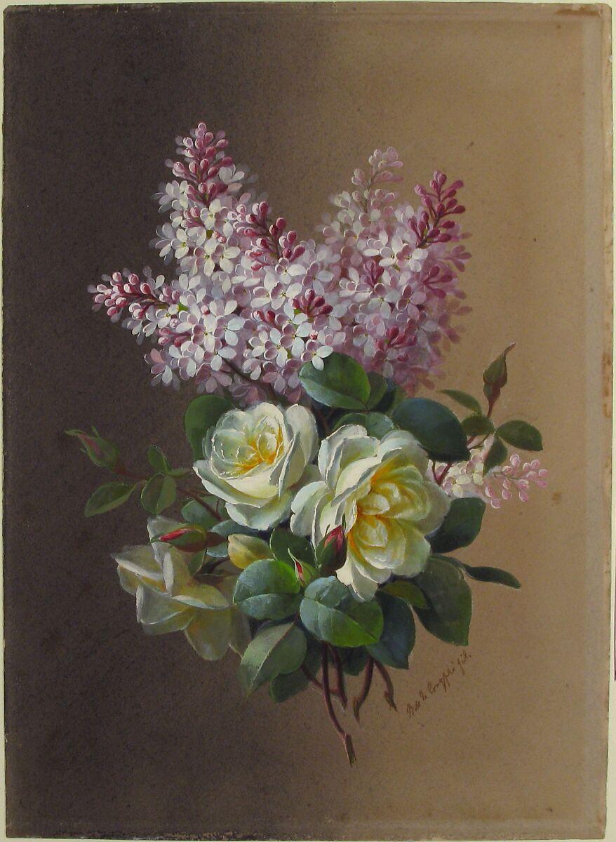Flowers: Roses and Lilacs, Paul de Longpré (French, Lyon 1855–1911 Hollywood), Watercolor on brown paper