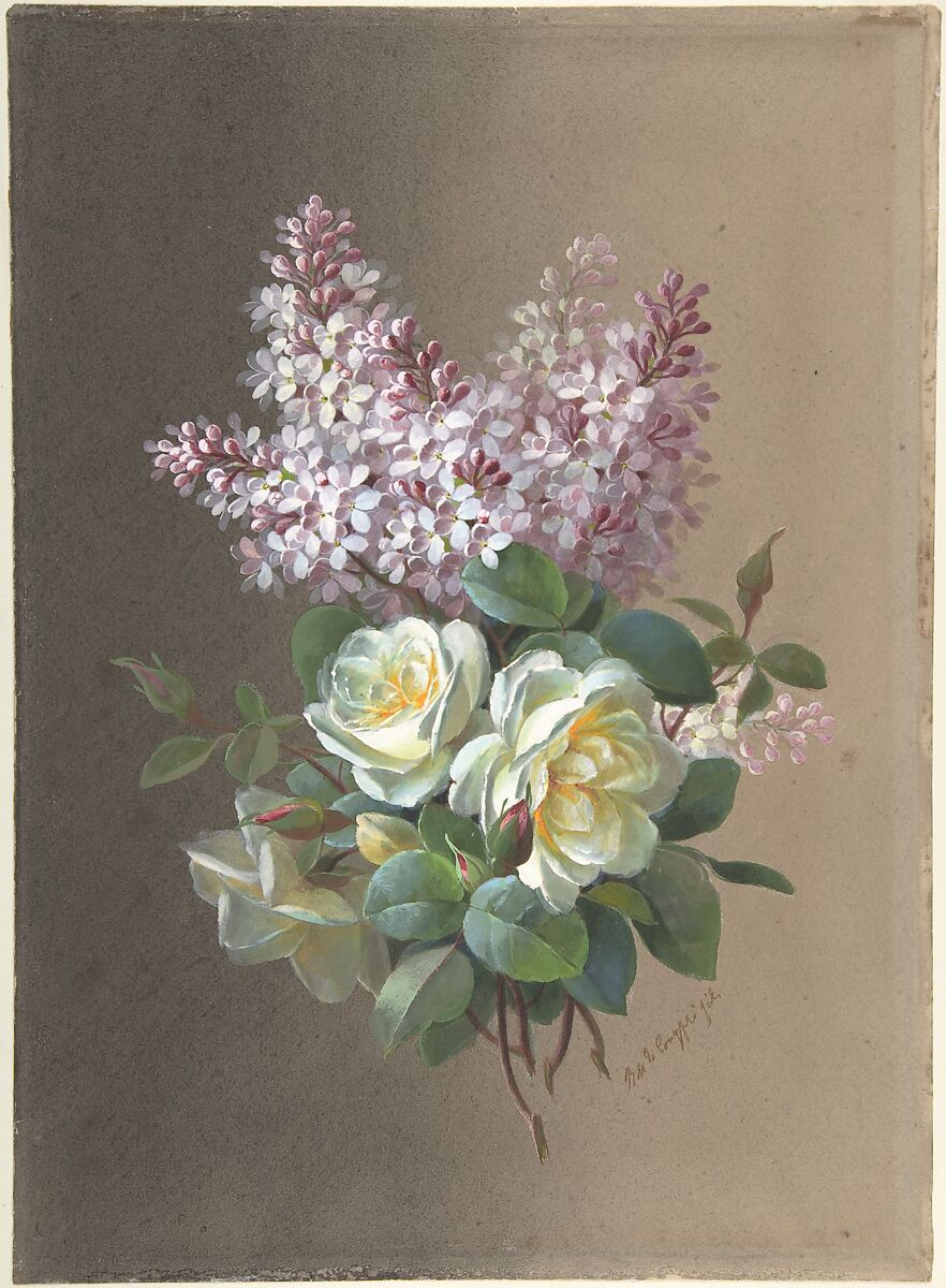Flowers: Roses and Lilacs, Paul de Longpré (French, Lyon 1855–1911 Hollywood), Watercolor on brown paper 
