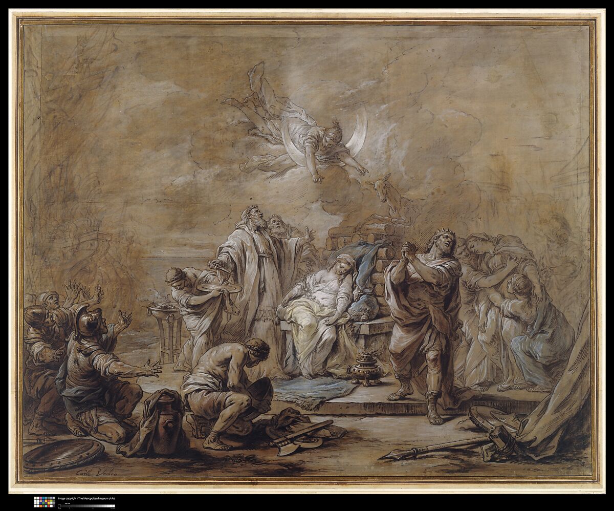 The Sacrifice of Iphigenia, Carle (Charles André) Vanloo (French, Nice 1705–1765 Paris), Pen and brown ink, brush and brown, blue, red and pale yellow wash heightened with white, over traces of black chalk, on brown-washed paper. The sheet consists of fourteen pieces of cream-colored paper mounted on a paper support.