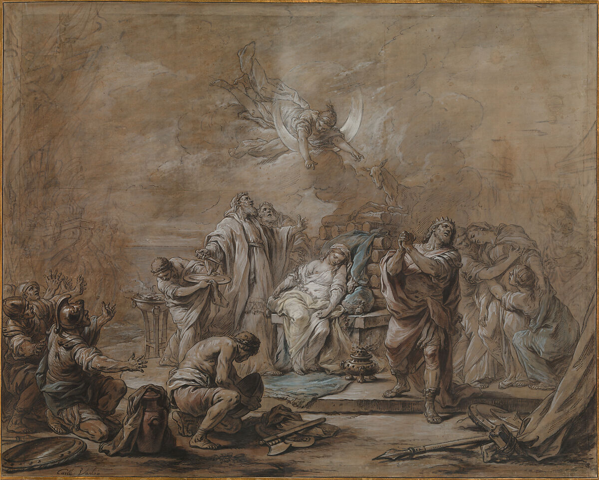 The Sacrifice of Iphigenia, Carle (Charles André) Vanloo (French, Nice 1705–1765 Paris), Pen and brown ink, brush and brown, blue, red and pale yellow wash heightened with white, over traces of black chalk, on brown-washed paper. The sheet consists of fourteen pieces of cream-colored paper mounted on a paper support.