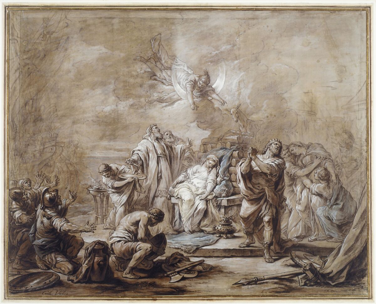 The Sacrifice of Iphigenia, Carle (Charles André) Vanloo (French, Nice 1705–1765 Paris), Pen and brown ink, brush and brown, blue, red and pale yellow wash heightened with white, over traces of black chalk, on brown-washed paper. The sheet consists of fourteen pieces of cream-colored paper mounted on a paper support. 
