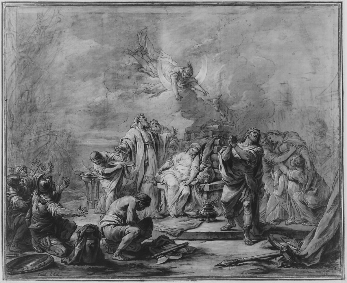 The Sacrifice of Iphigenia, Carle (Charles André) Vanloo (French, Nice 1705–1765 Paris), Pen and brown ink, brush and brown, blue, red and pale yellow wash heightened with white, over traces of black chalk, on brown-washed paper. The sheet consists of fourteen pieces of cream-colored paper mounted on a paper support.