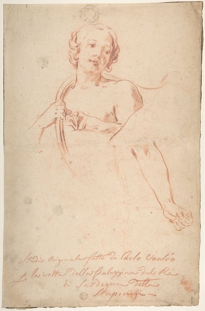 Huntress with a Horn, Carle (Charles André) Vanloo  French, Red chalk, traces of framing lines in pen and brown ink.