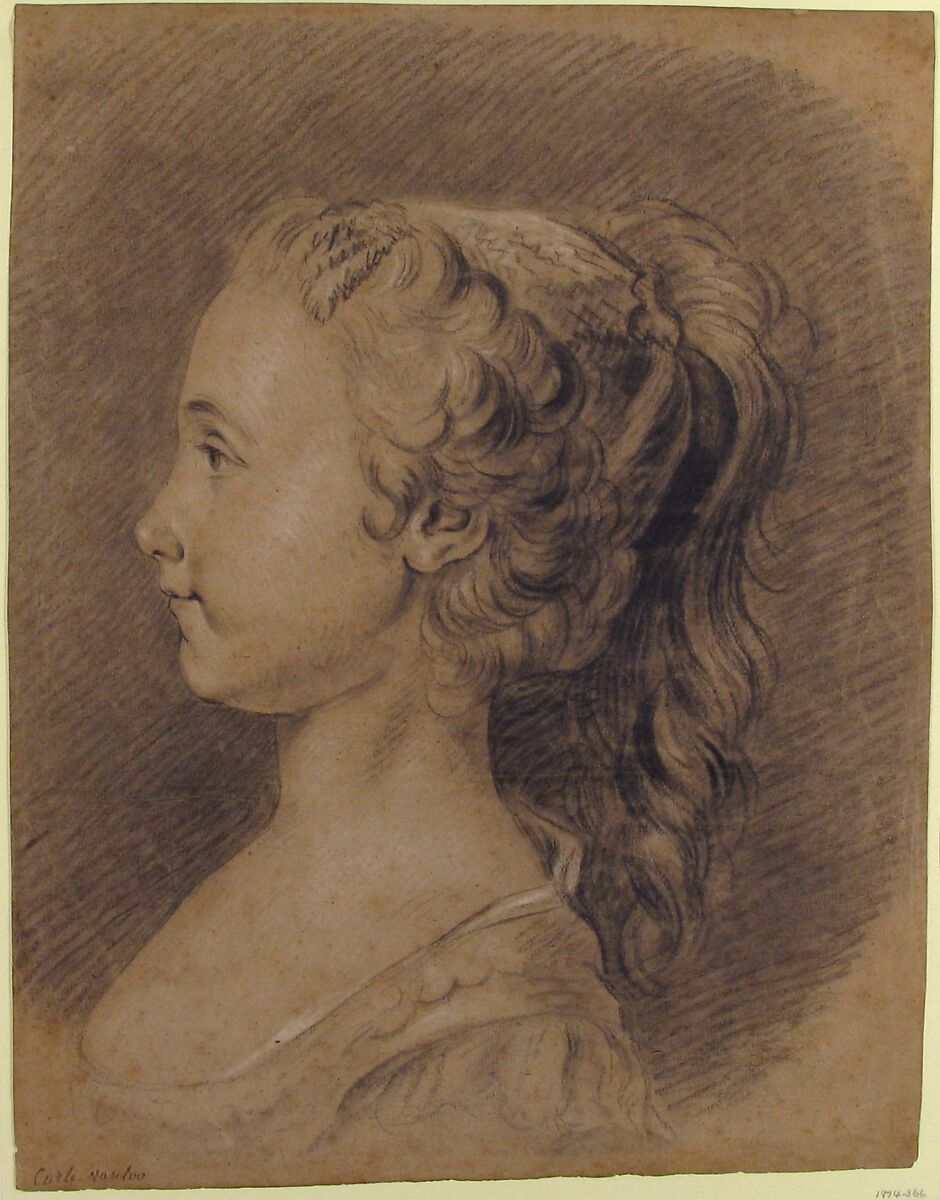 Bust of a Young Girl, Profile to Left, Carle (Charles André) Vanloo (French, Nice 1705–1765 Paris), Charcoal, stumped, heightened with white, on beige paper.