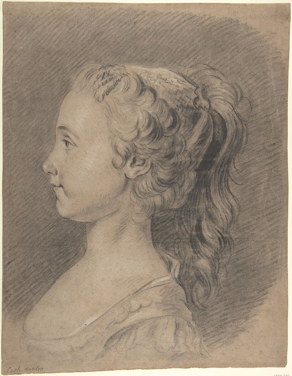 Bust of a Young Girl, Profile to Left, Carle (Charles André) Vanloo (French, Nice 1705–1765 Paris), Charcoal, stumped, heightened with white, on beige paper. 