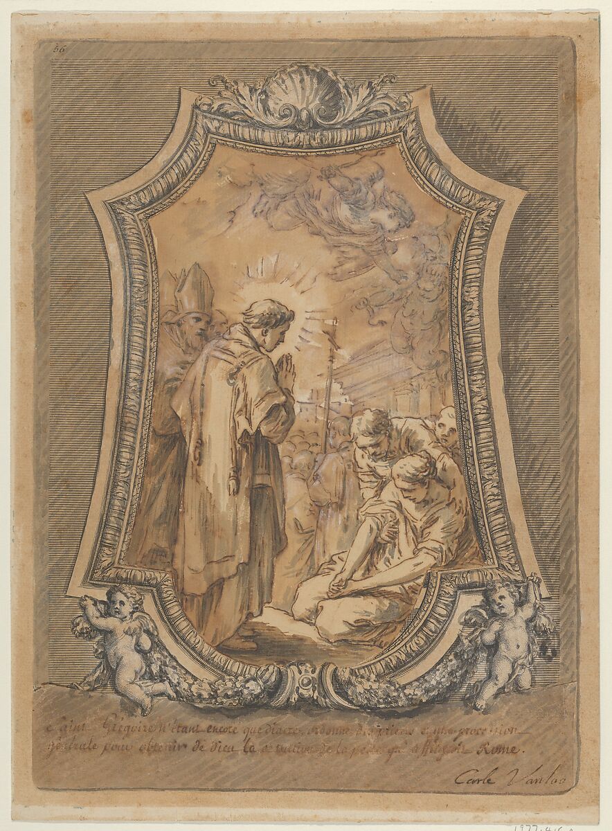 Saint Gregory as Deacon Directing Prayers and Processions for the Cessation of the Plague, Carle (Charles André) Vanloo (French, Nice 1705–1765 Paris), Pen and brown ink, brush and brown and gray wash 