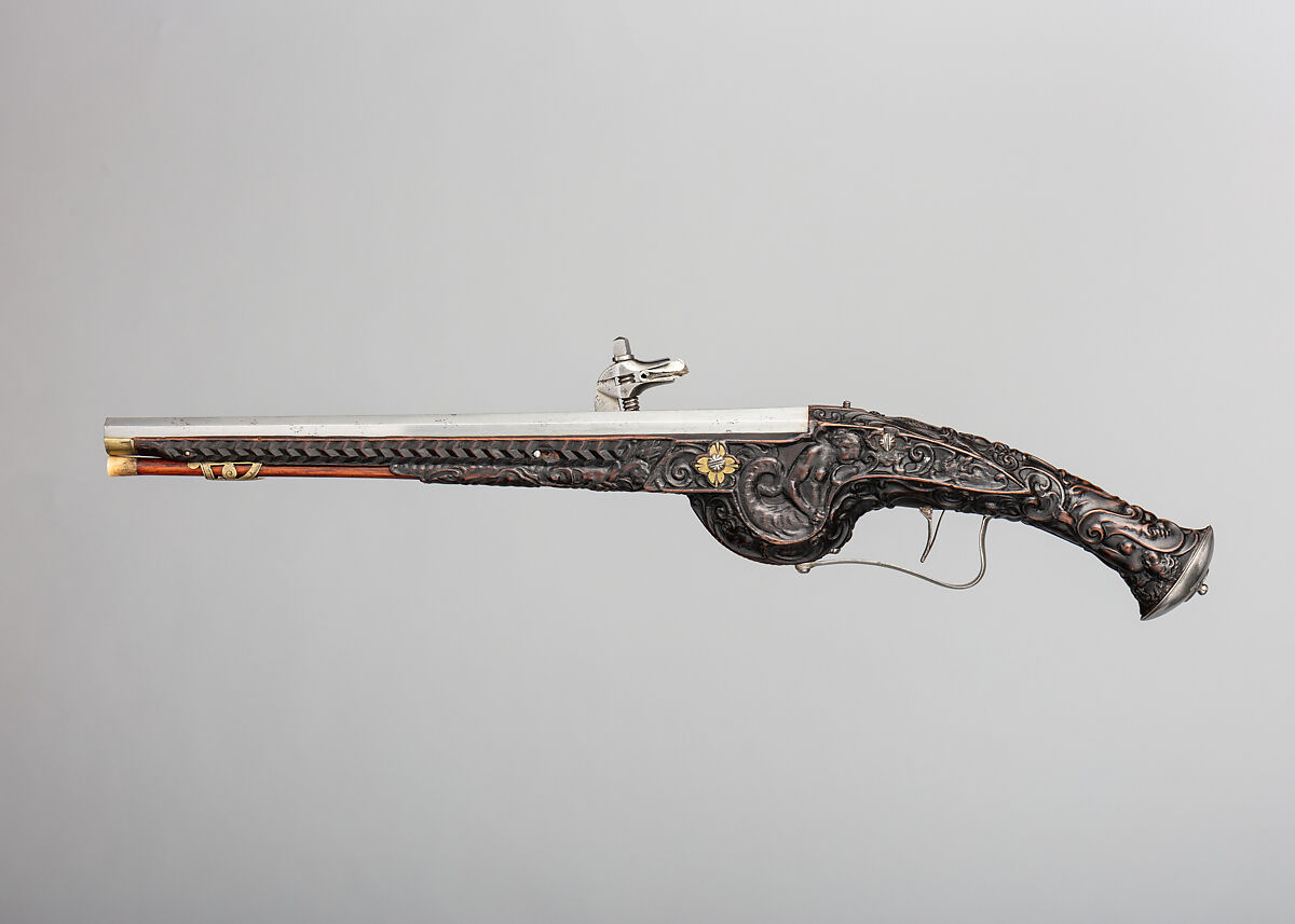 Wheellock Pistol, Wood (stained beechwood), steel, brass, Swiss