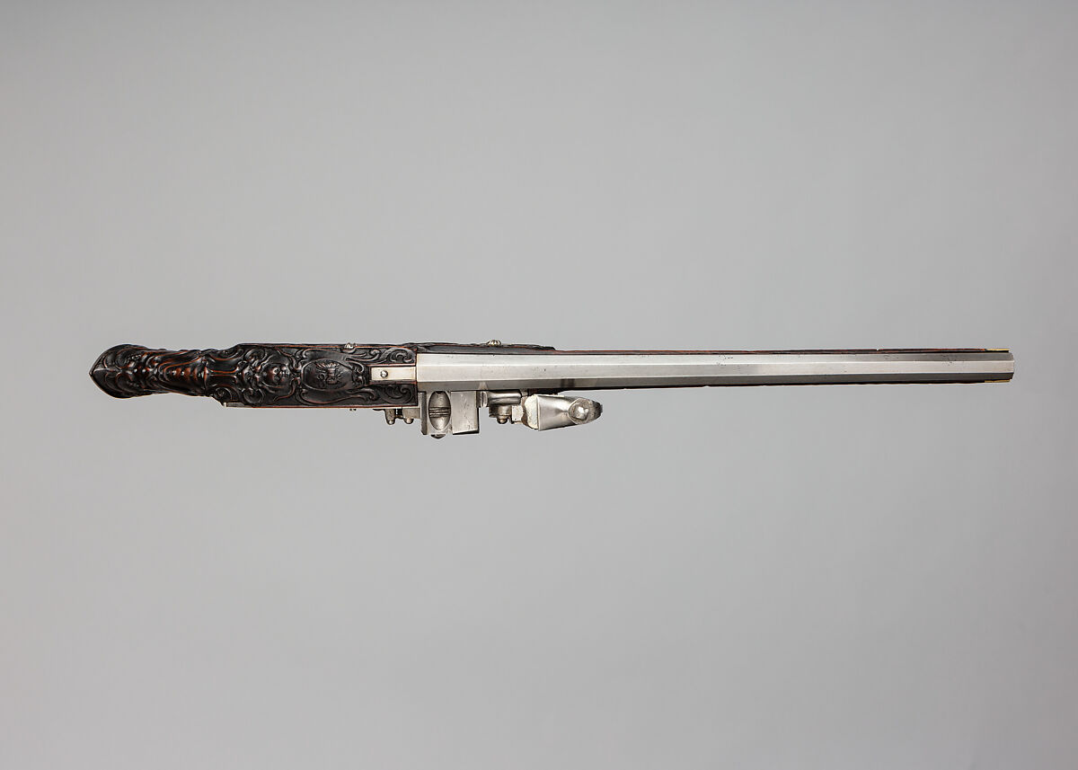 Wheellock Pistol, Wood (stained beechwood), steel, brass, Swiss