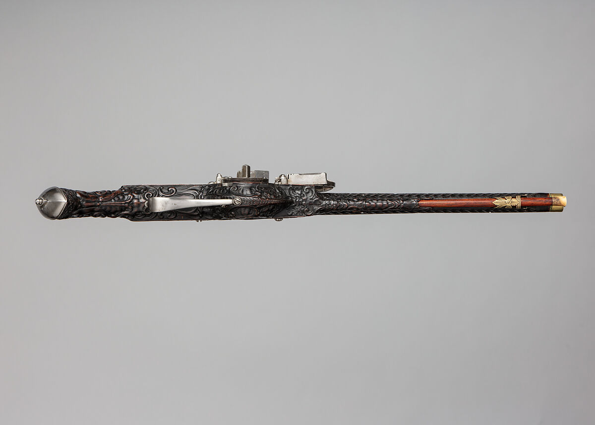 Wheellock Pistol, Wood (stained beechwood), steel, brass, Swiss