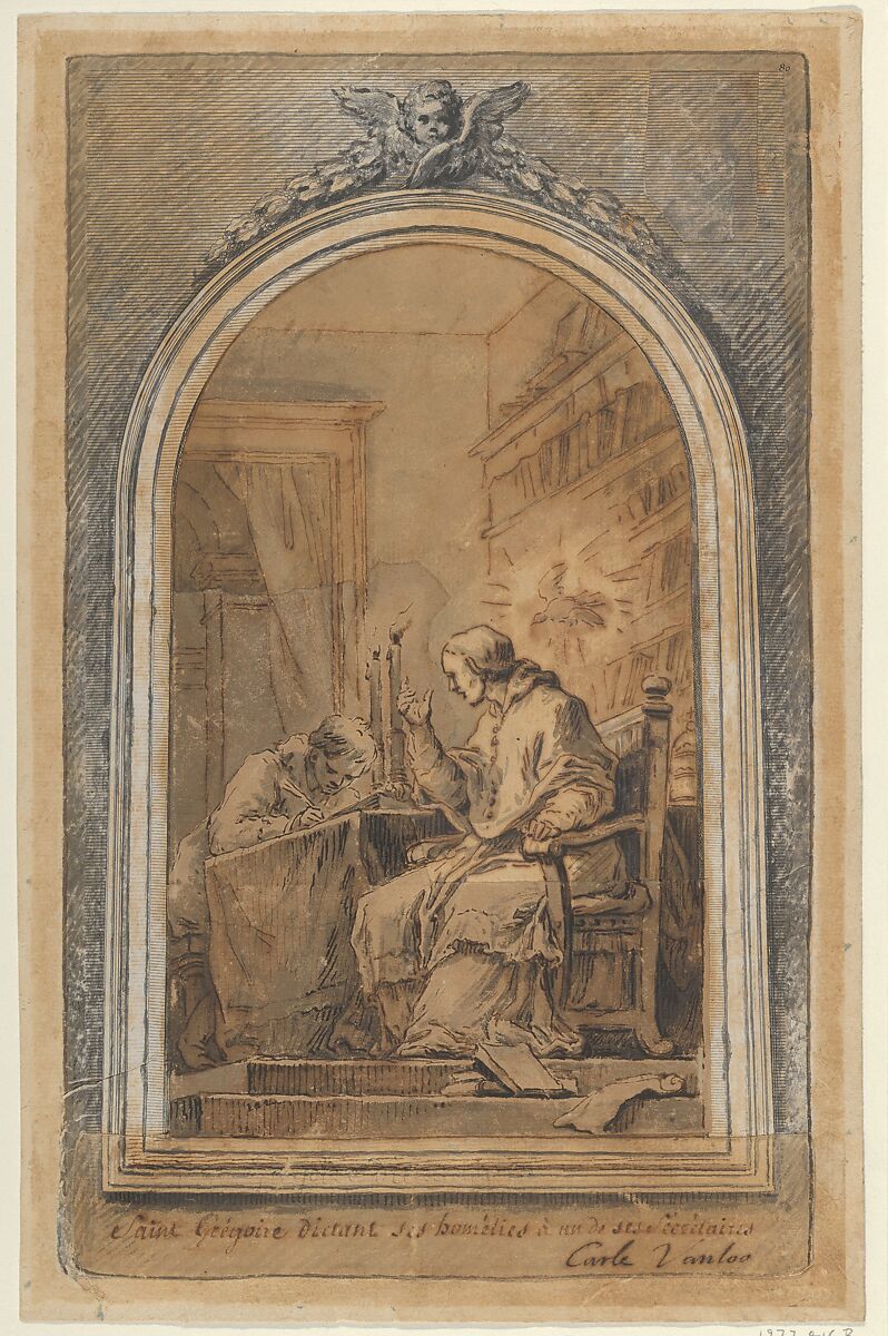 St. Gregory Dictating His Homilies to a Secretary, Carle (Charles André) Vanloo (French, Nice 1705–1765 Paris), Pen and brown ink, brush and brown and gray wash over graphite. 