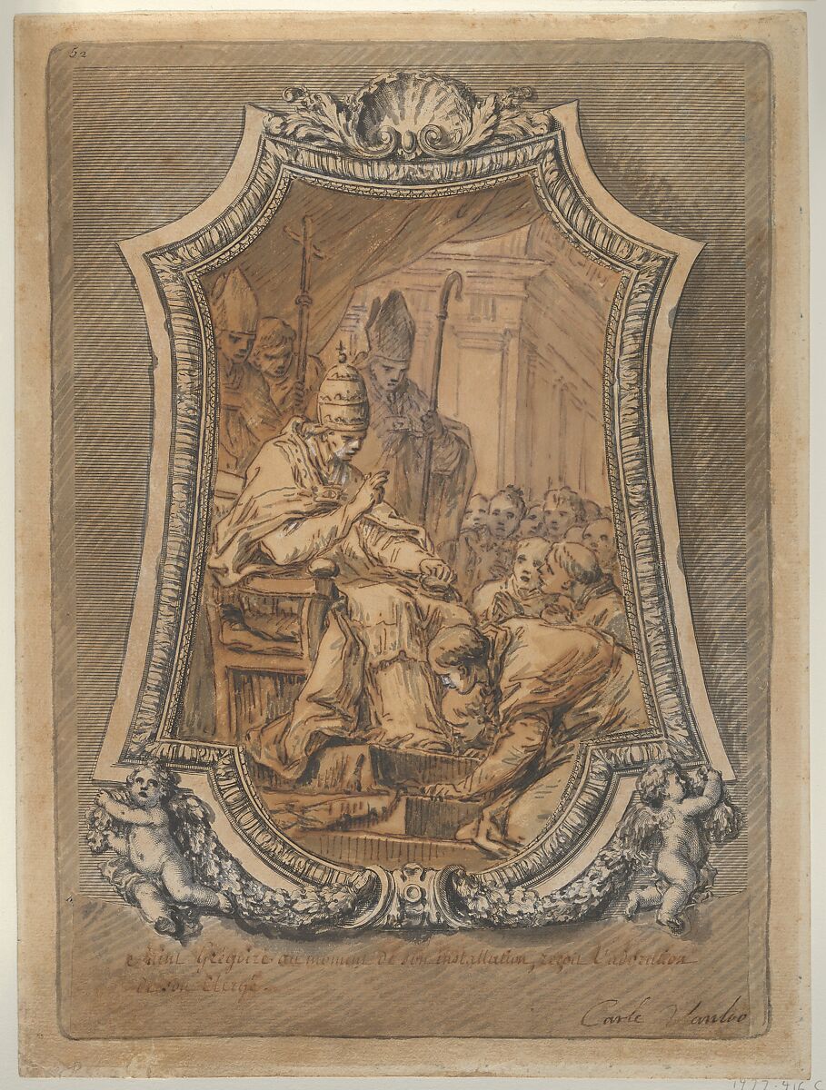 The Clergy of Rome Paying Homage to St. Gregory after His Investiture, Carle (Charles André) Vanloo (French, Nice 1705–1765 Paris), Pen and brown ink, brush and brown and gray wash, heightened with white, over traces of graphite. 