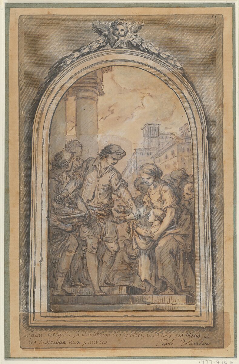 St. Gregory Distributing His Worldly Goods to the Poor, Carle (Charles André) Vanloo (French, Nice 1705–1765 Paris), Pen and brown ink, brush and brown and gray wash. 