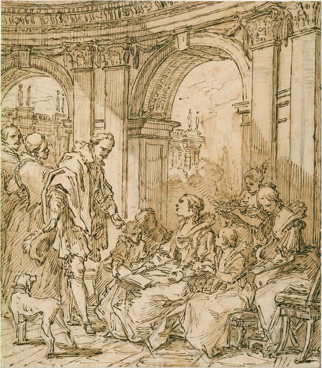 La Conversation espagnole, Carle (Charles André) Vanloo (French, Nice 1705–1765 Paris), Pen and brown ink, brush and brown wash, over black chalk