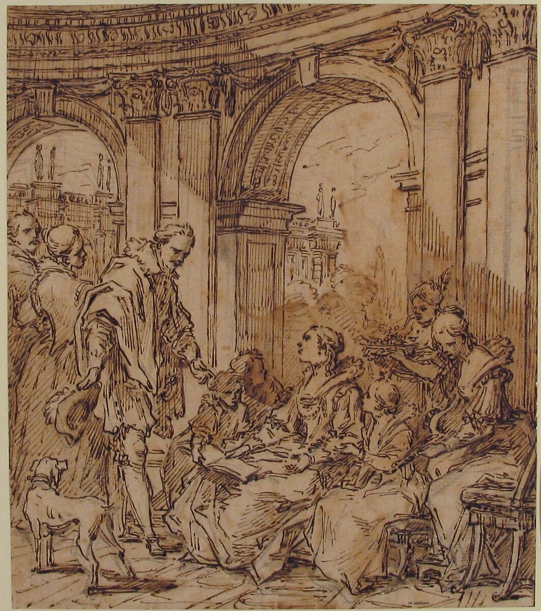 La Conversation espagnole, Carle (Charles André) Vanloo (French, Nice 1705–1765 Paris), Pen and brown ink, brush and brown wash, over black chalk