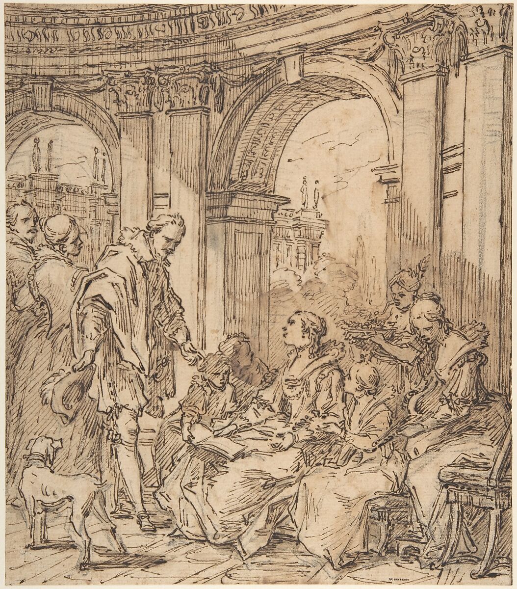 La Conversation espagnole, Carle (Charles André) Vanloo  French, Pen and brown ink, brush and brown wash, over black chalk