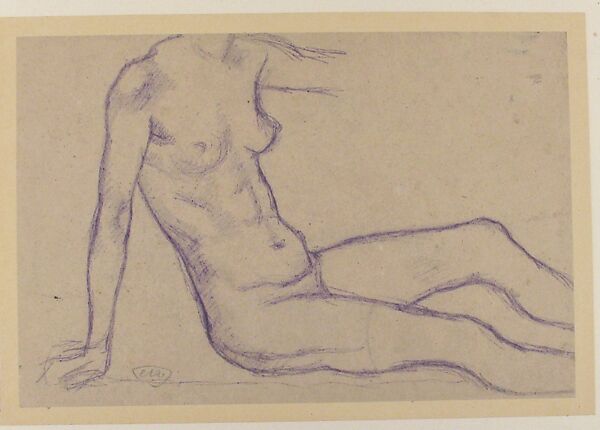 Torso of a Seated Nude, Facing Right (Study for Monument to Paul Cézanne), Aristide Maillol (French, Banyuls-sur-Mer 1861–1944 Perpignan), Purple pencil on gray paper, mounted on paper