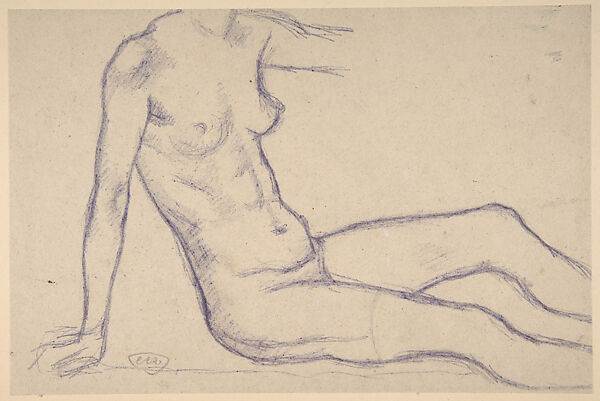 Torso of a Seated Nude, Facing Right (Study for Monument to Paul Cézanne), Aristide Maillol (French, Banyuls-sur-Mer 1861–1944 Perpignan), Purple pencil on gray paper, mounted on paper 