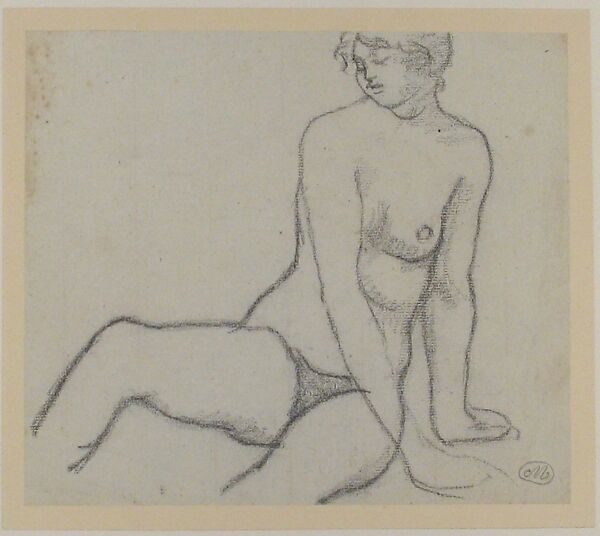 Seated Nude Leaning on Her Left Hand, Aristide Maillol (French, Banyuls-sur-Mer 1861–1944 Perpignan), Black chalk on gray laid paper, mounted on paper