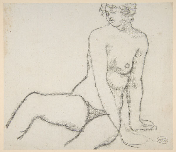 Seated Nude Leaning on Her Left Hand, Aristide Maillol (French, Banyuls-sur-Mer 1861–1944 Perpignan), Black chalk on gray laid paper, mounted on paper 