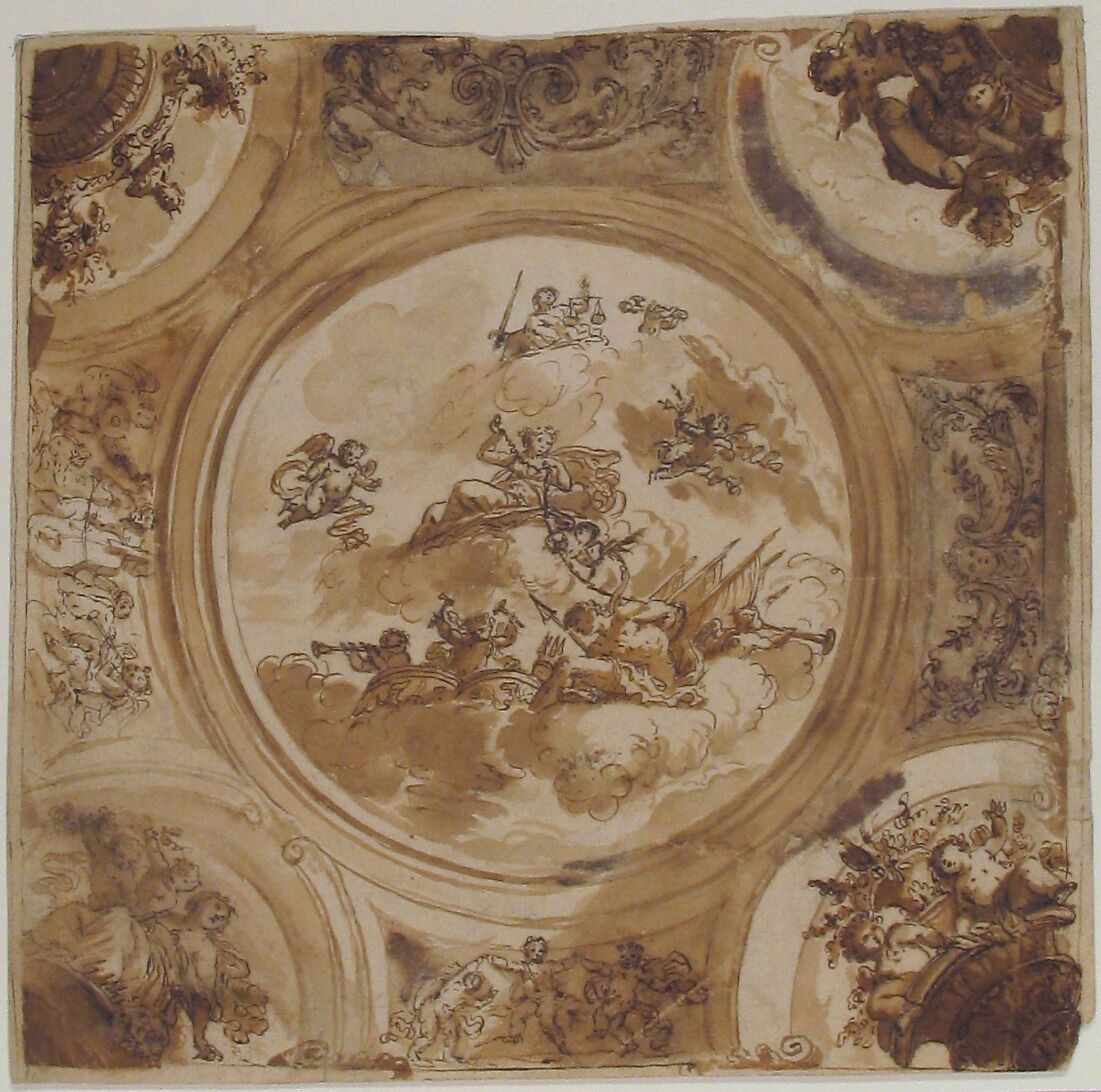 Design for the Decoration of a Ceiling an Allegory of Victory, Daniel Marot the Elder (French, Paris 1661–1752 The Hague), Pen and brown ink, brush and brown wash with traces of watercolor