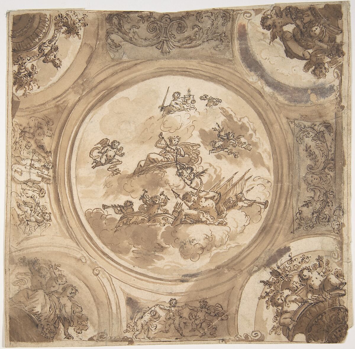 Design for the Decoration of a Ceiling an Allegory of Victory, Daniel Marot the Elder (French, Paris 1661–1752 The Hague), Pen and brown ink, brush and brown wash with traces of watercolor 