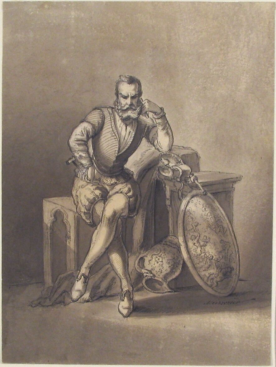 Portrait of a Silversmith, Seated, Ernest Meissonier (French, Lyons 1815–1891 Paris), Pen and brown ink, brush and brown wash