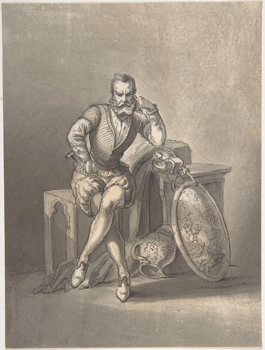 Portrait of a Silversmith, Seated, Ernest Meissonier (French, Lyons 1815–1891 Paris), Pen and brown ink, brush and brown wash 