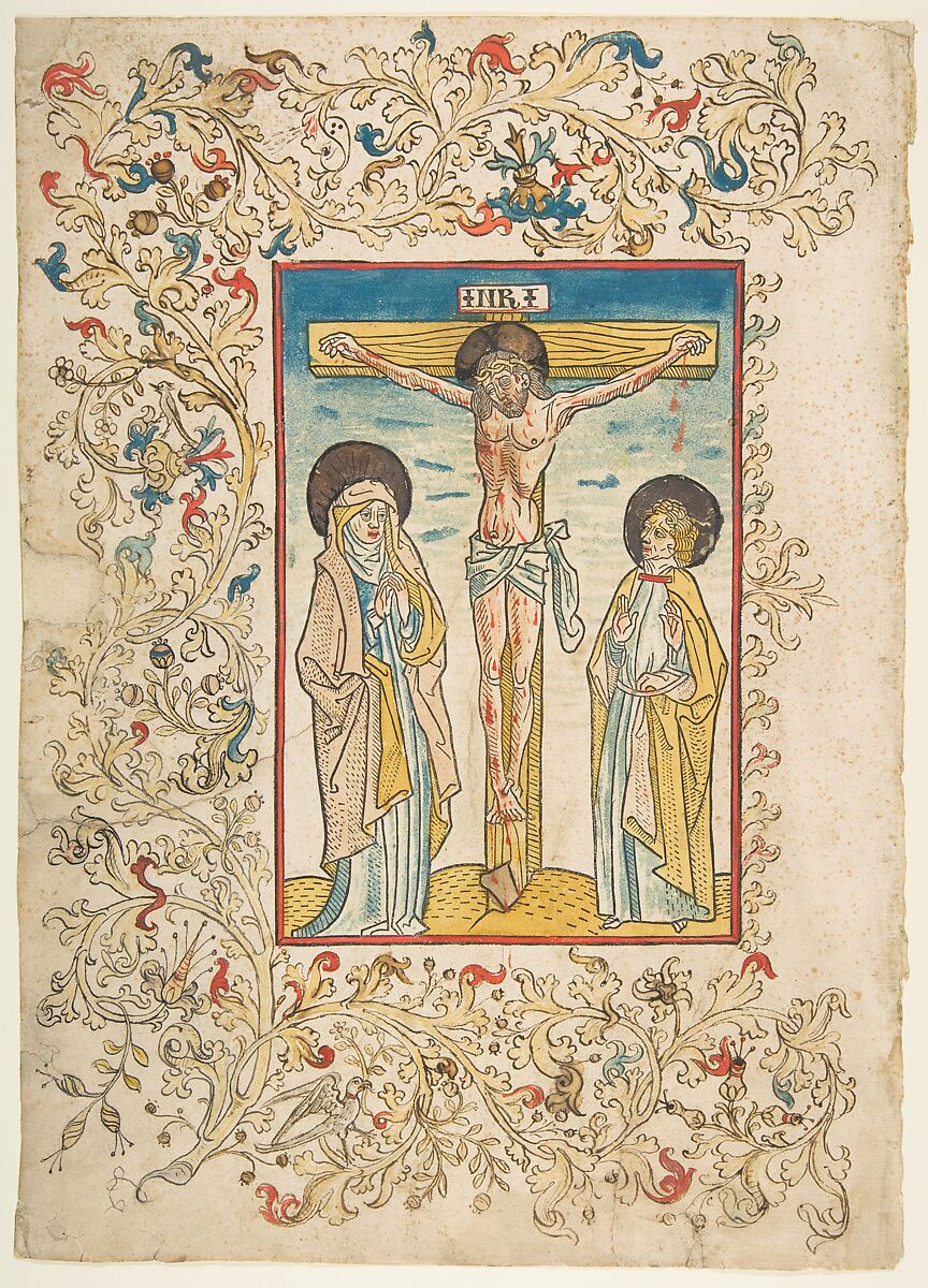 Christ on the Cross, Anonymous, German, Basel, 15th century, Woodcut, hand-colored with illuminated border 