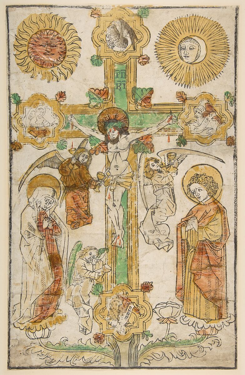 Christ on a Goldsmith's Cross, Anonymous, German, Upper Germany, 15th century, Woodcut, hand-colored 